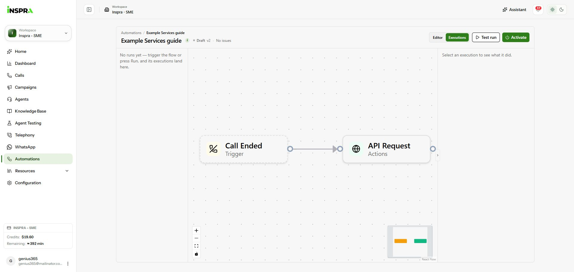 Empty execution history for the inactive documentation draft.