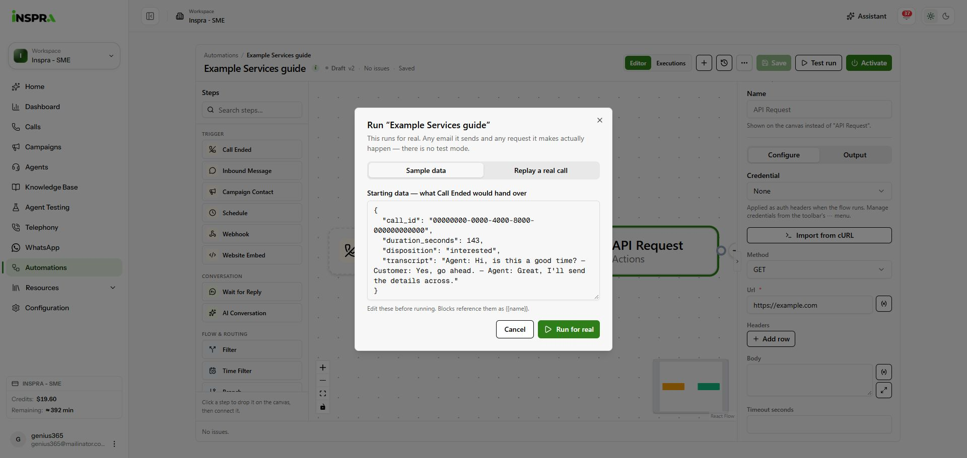 Test-run confirmation with built-in sample data, Cancel and Run for real.