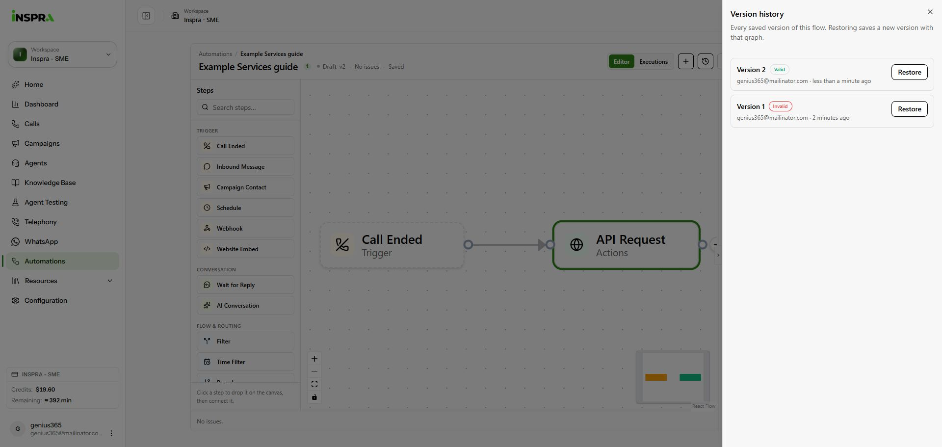 Version history showing the initial incomplete version and the valid saved version.