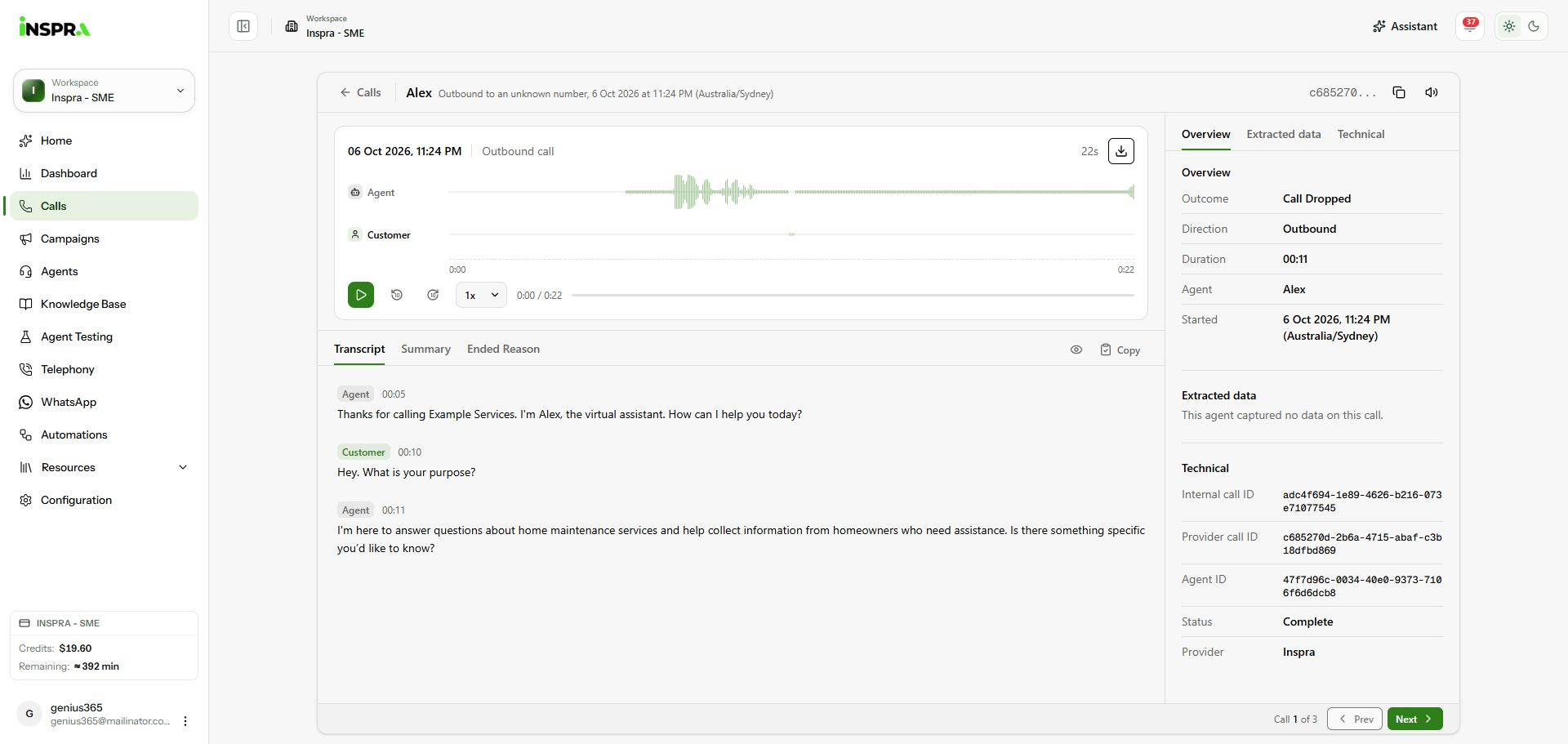 Call details opened from the Alex test-call row, showing the recording, transcript and details rail.