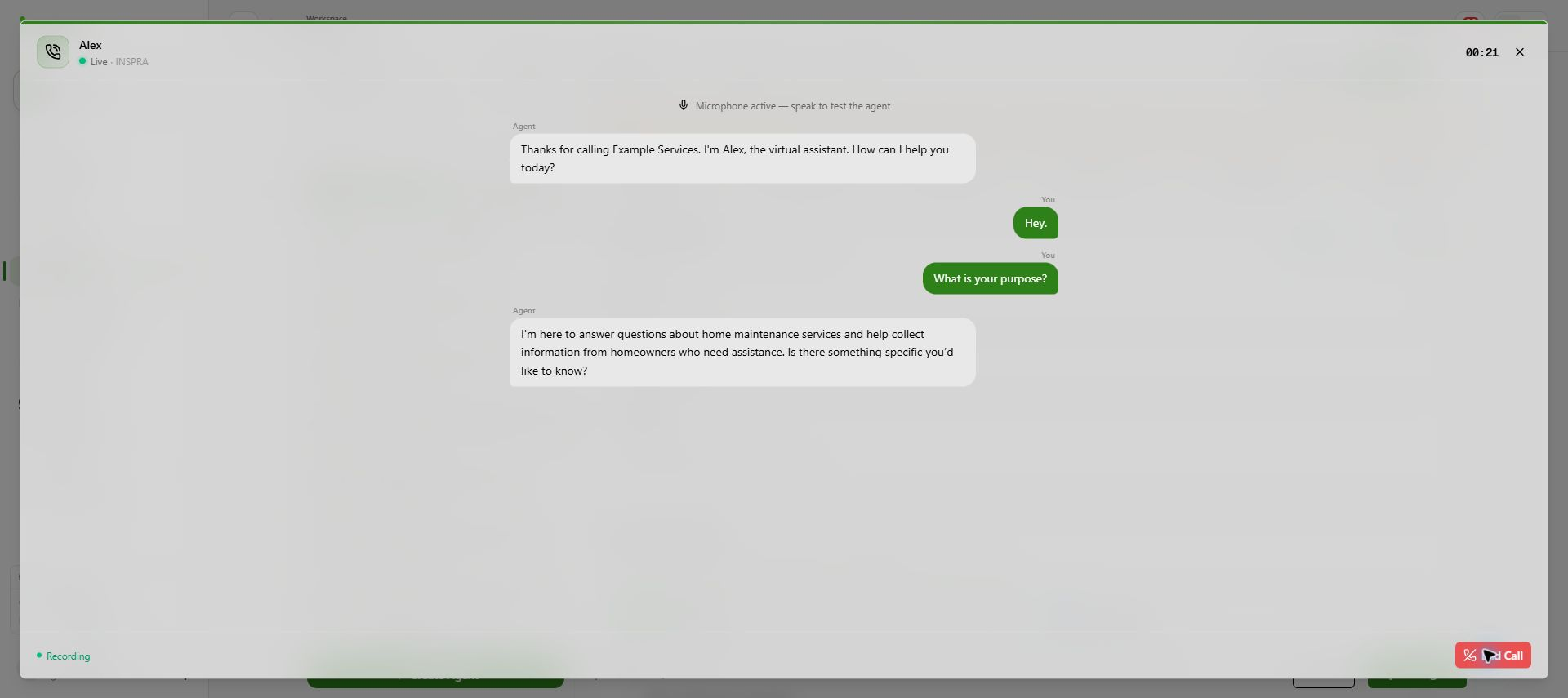 A live browser test with Alex: the conversation transcript, microphone status and End Call control.