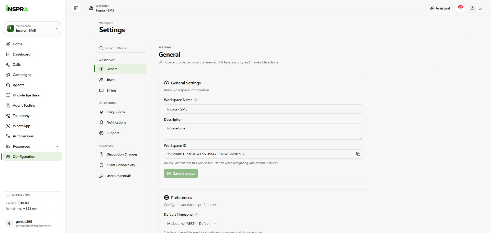 General settings with workspace profile fields and Save changes.