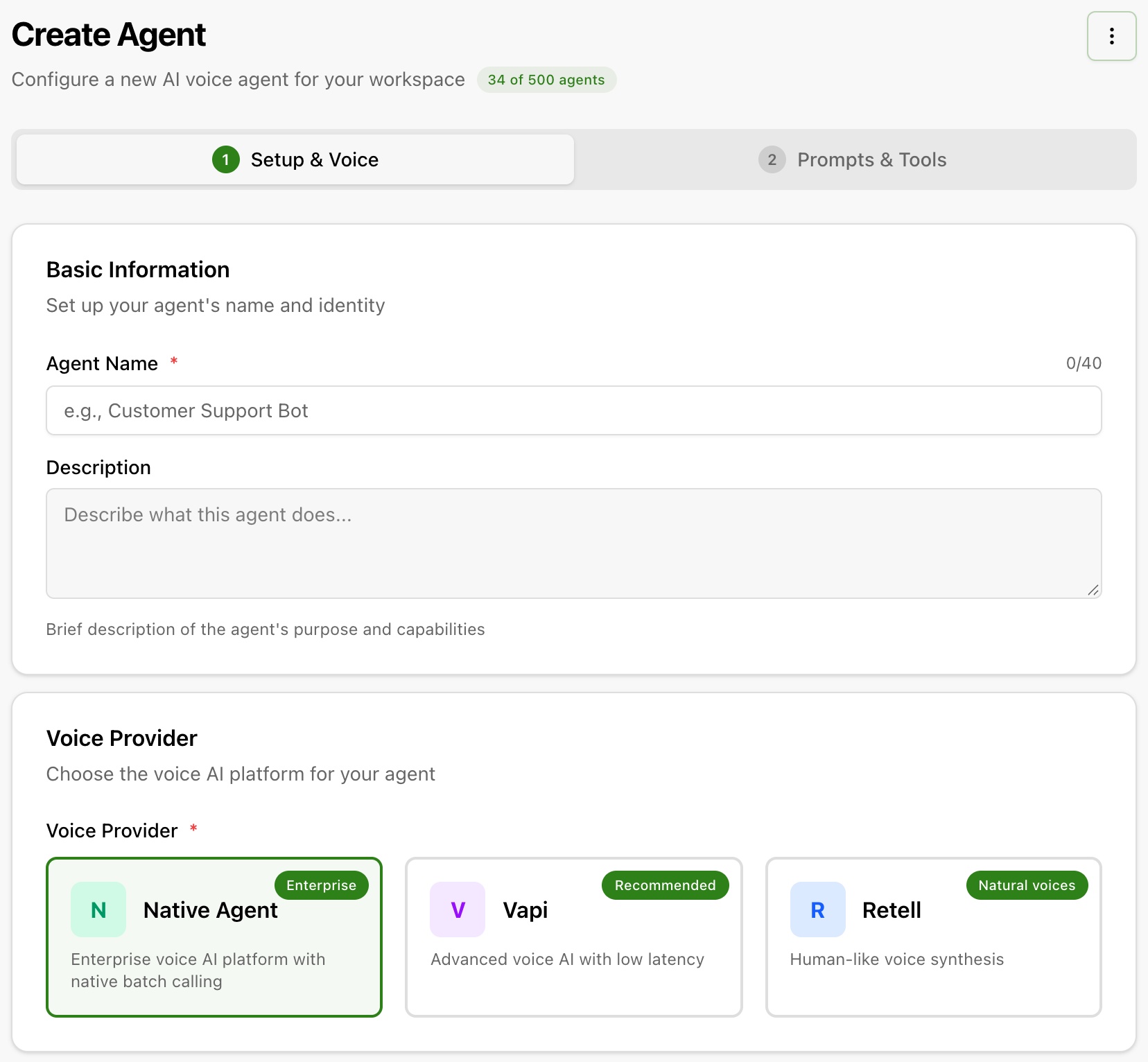 Create an agent with the form in the dashboard