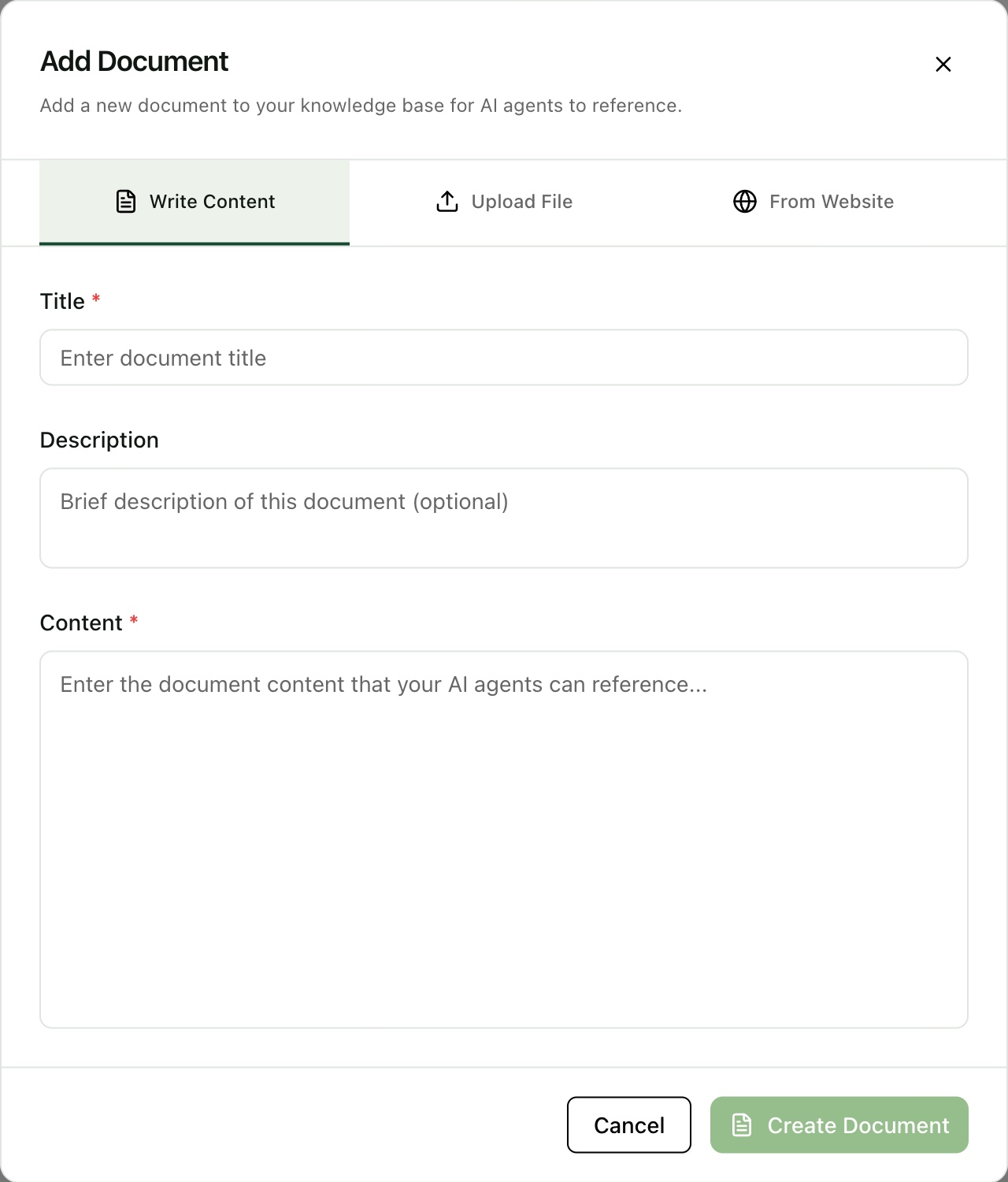 Create a knowledge document in the dashboard