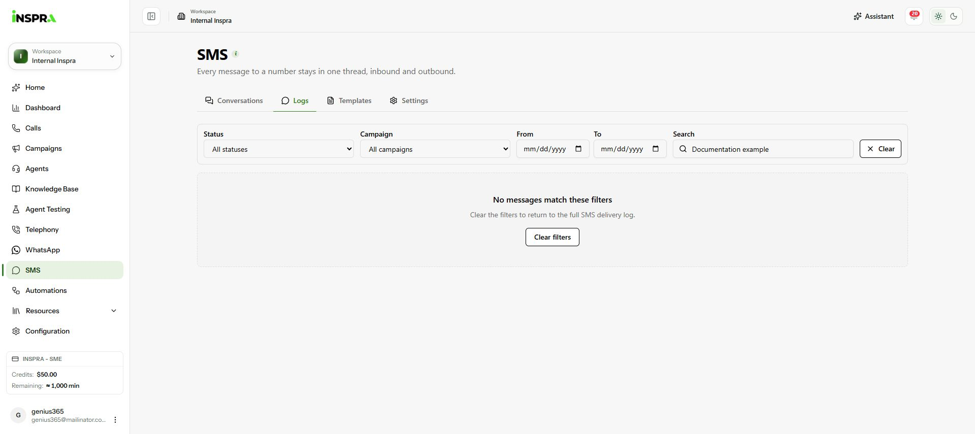 SMS log filters with no matching customer messages.