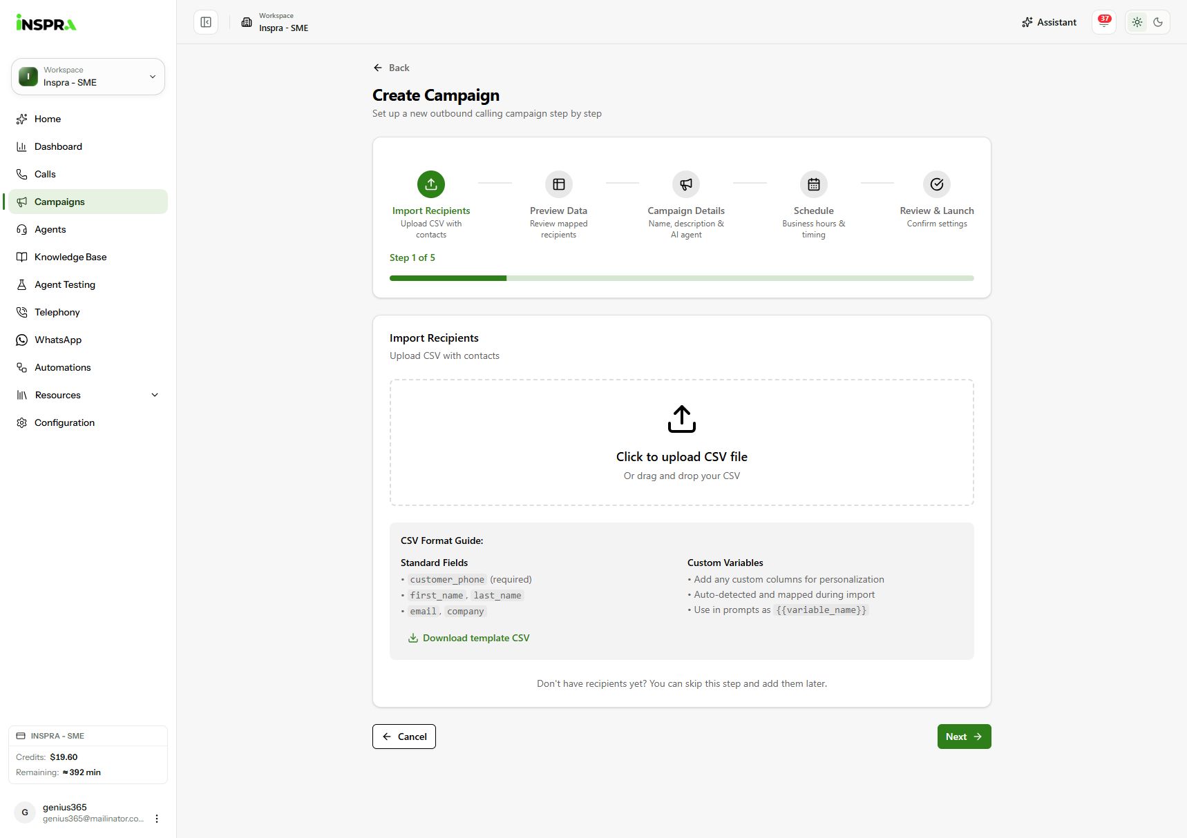 Create Campaign / Import Recipients: upload your CSV, then review the data, agent, schedule and launch settings.