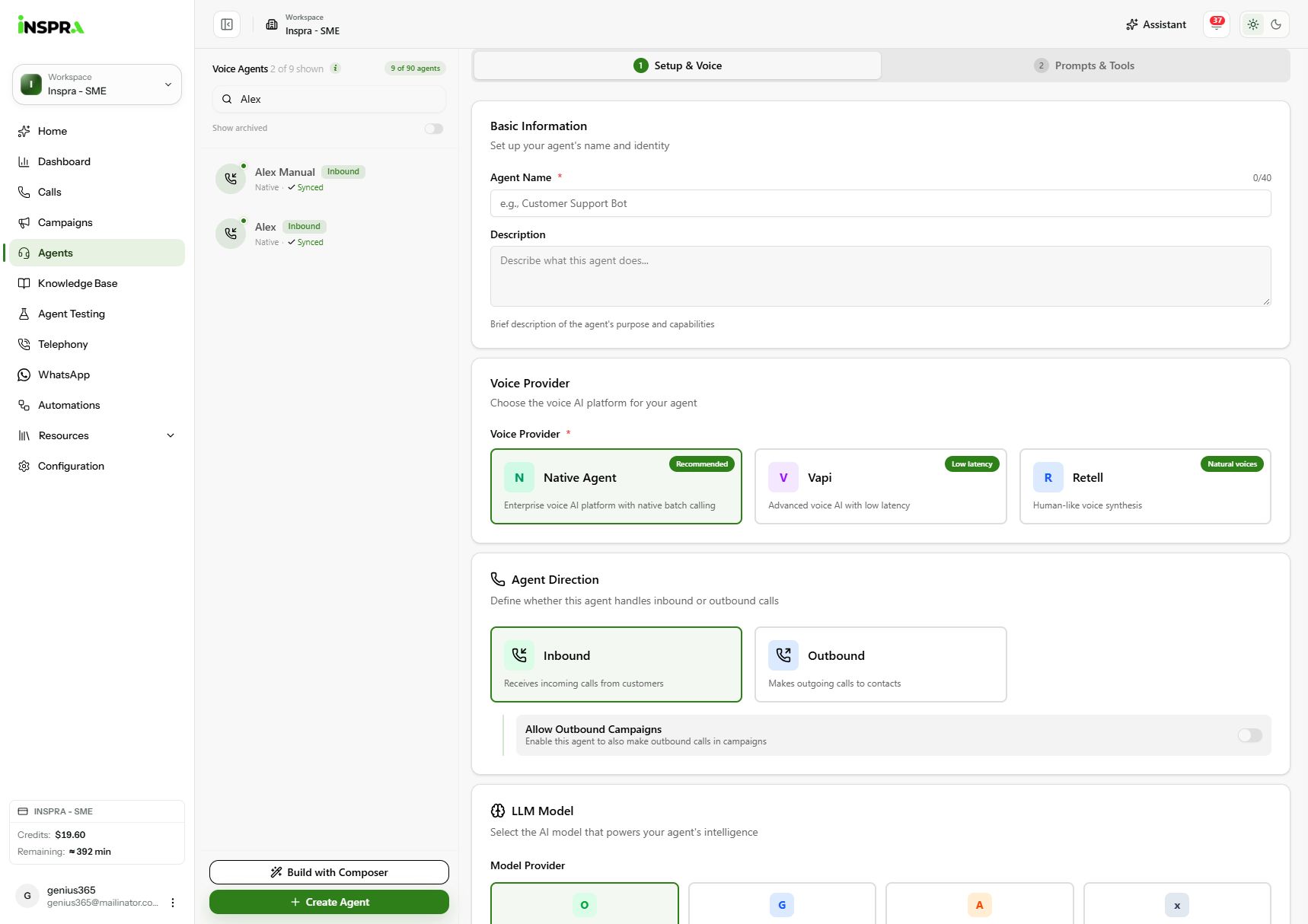 Setup & Voice: enter the name and description, then choose the provider and direction.