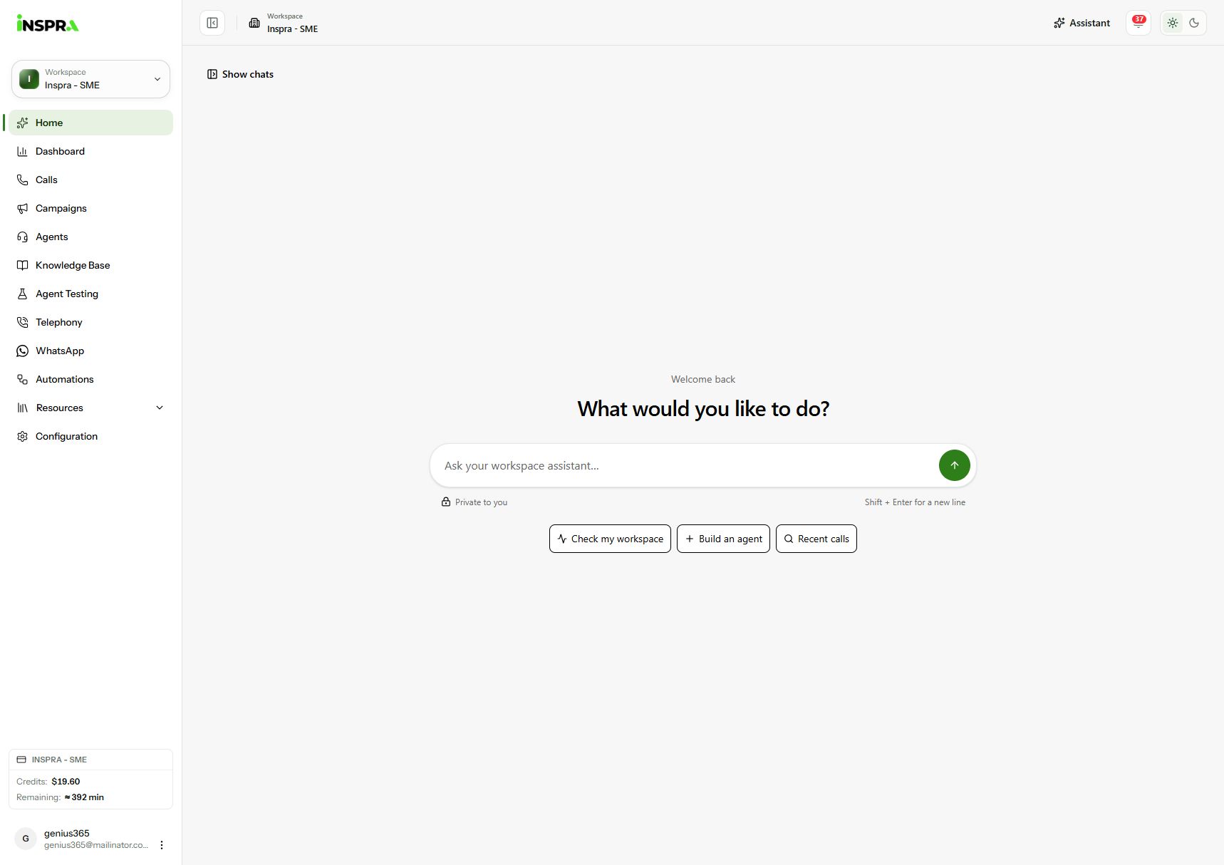 Workspace navigation on Home, with chat history collapsed.