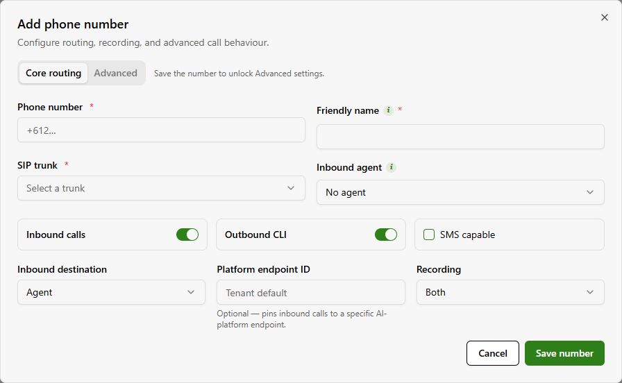 Add phone number / Core routing: enter your number and friendly name, choose the SIP trunk and inbound agent, then review capabilities and recording.