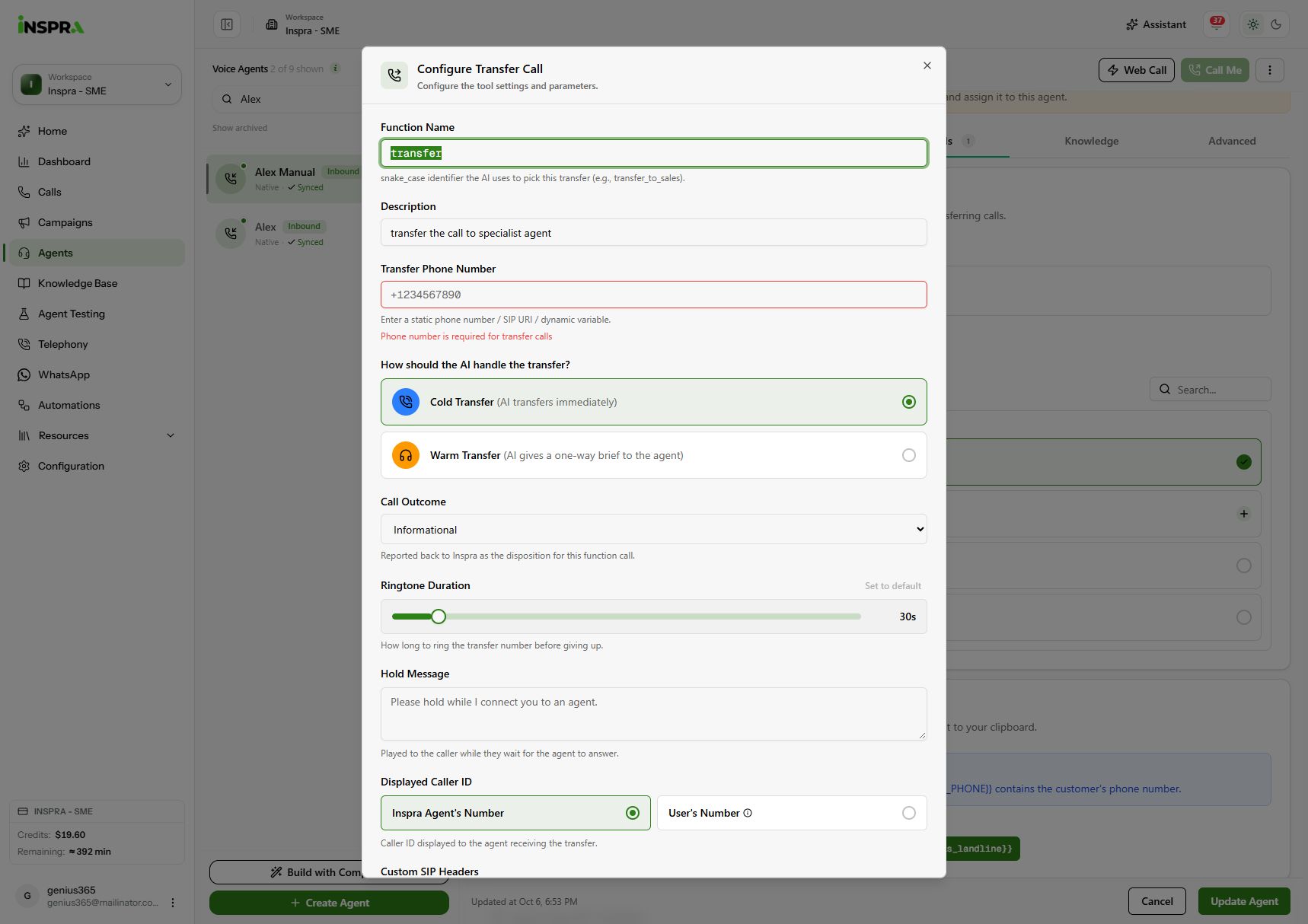 Configure Transfer Call: enter the destination, choose Cold Transfer or Warm Transfer, and review the ringtone, hold message and caller ID.