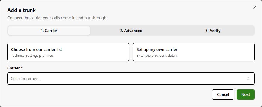 Add a trunk: choose a listed carrier or enter your own carrier's details.