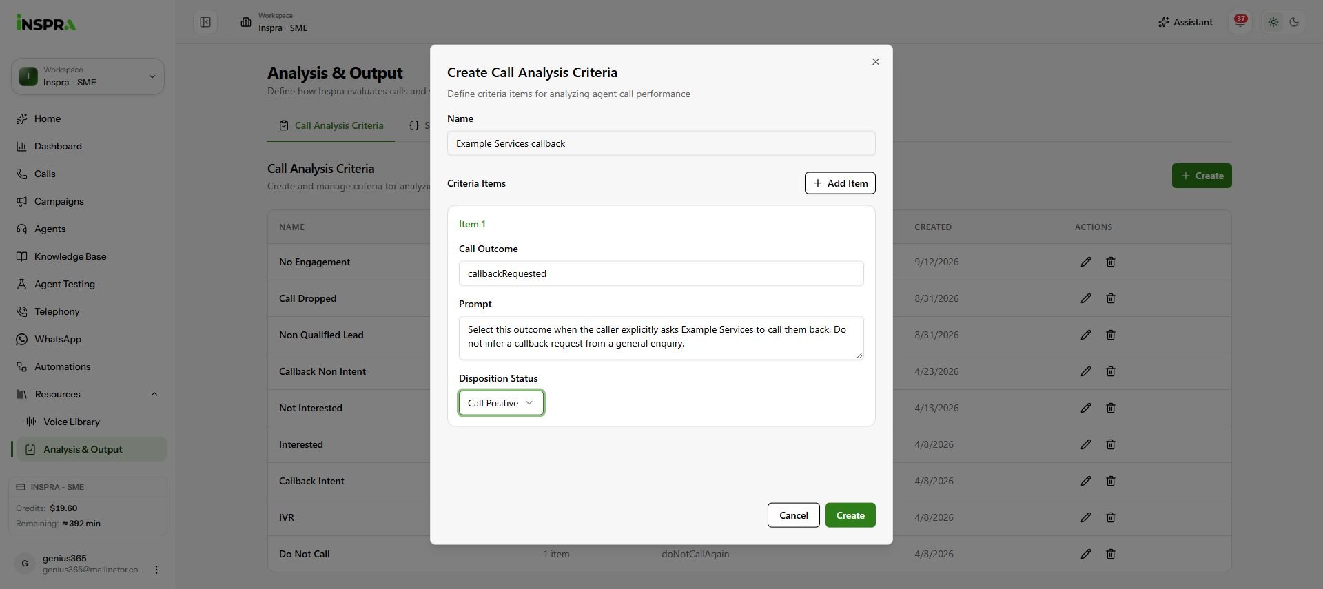 Completed unsaved callback criterion with Call Positive selected and Create available.