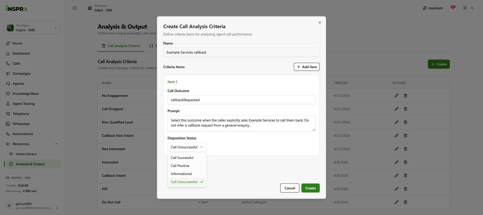 Example callback outcome and prompt with the disposition choices open.