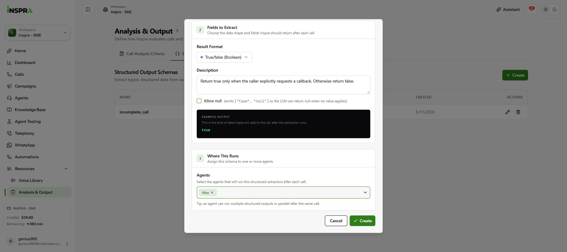 Boolean example preview, unsaved Alex assignment and Create action.