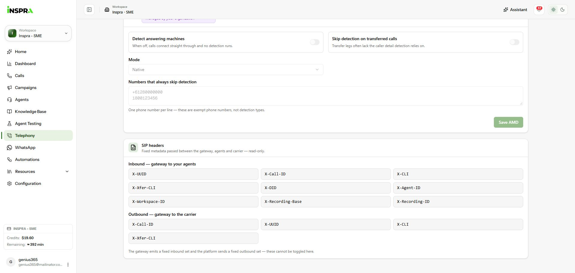 Organisation-managed AMD controls and the fixed SIP header lists.