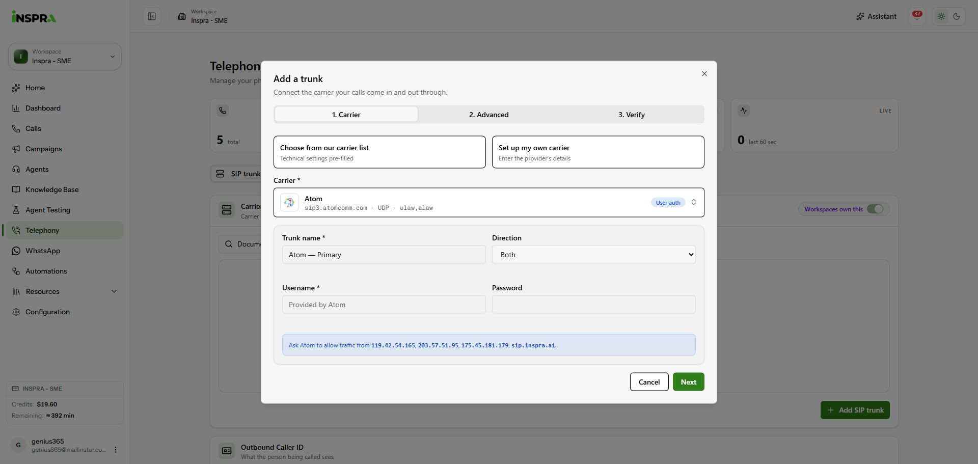 Carrier template selected, with trunk name, direction and empty authentication fields.
