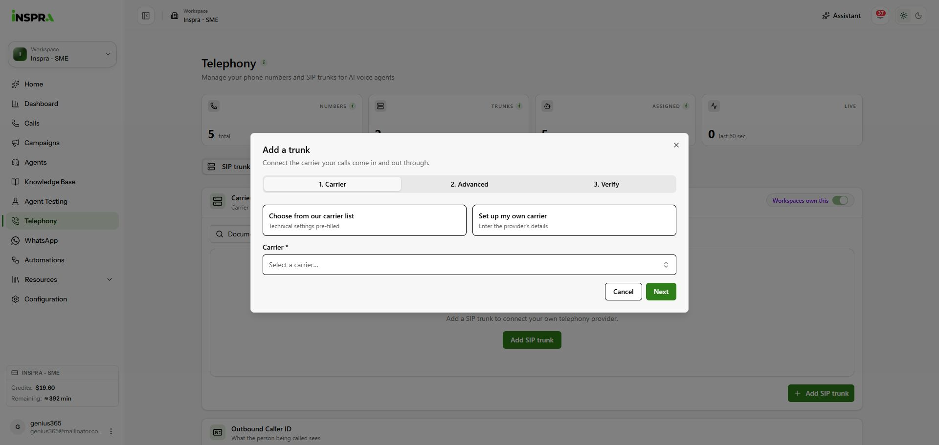 Choose a carrier template or enter your own provider details.