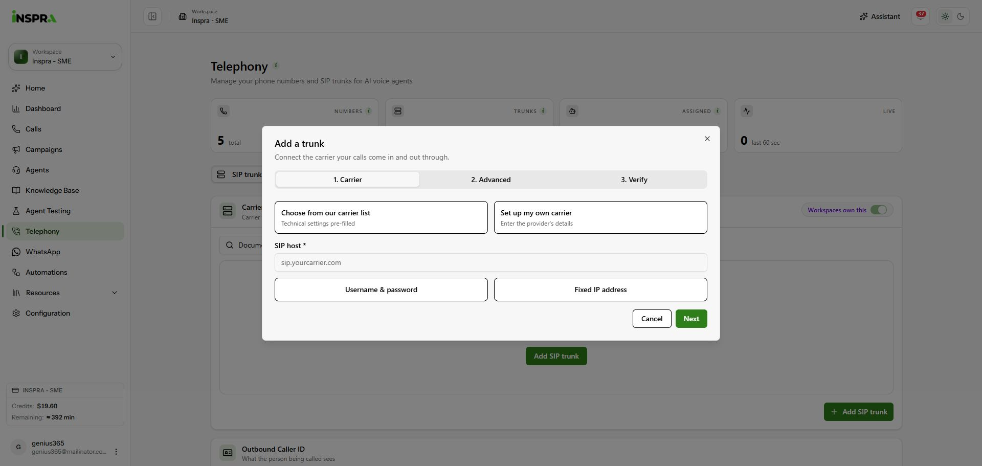The custom-carrier path before entering a SIP host.