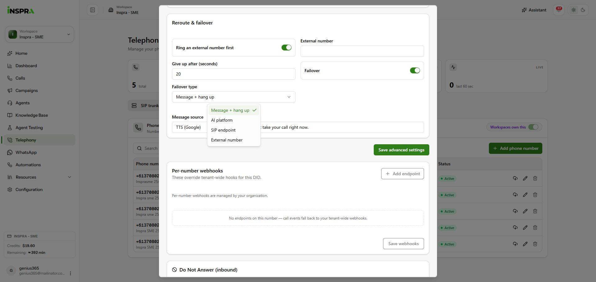 Failover destination options in the unsaved draft.