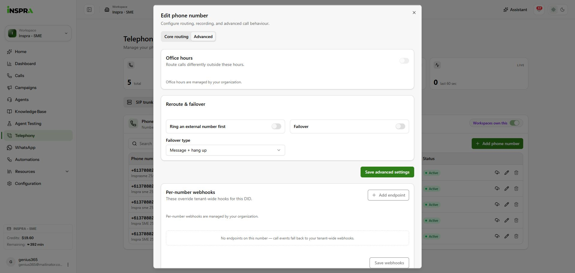 Advanced tab with organisation-managed office hours and reroute controls.