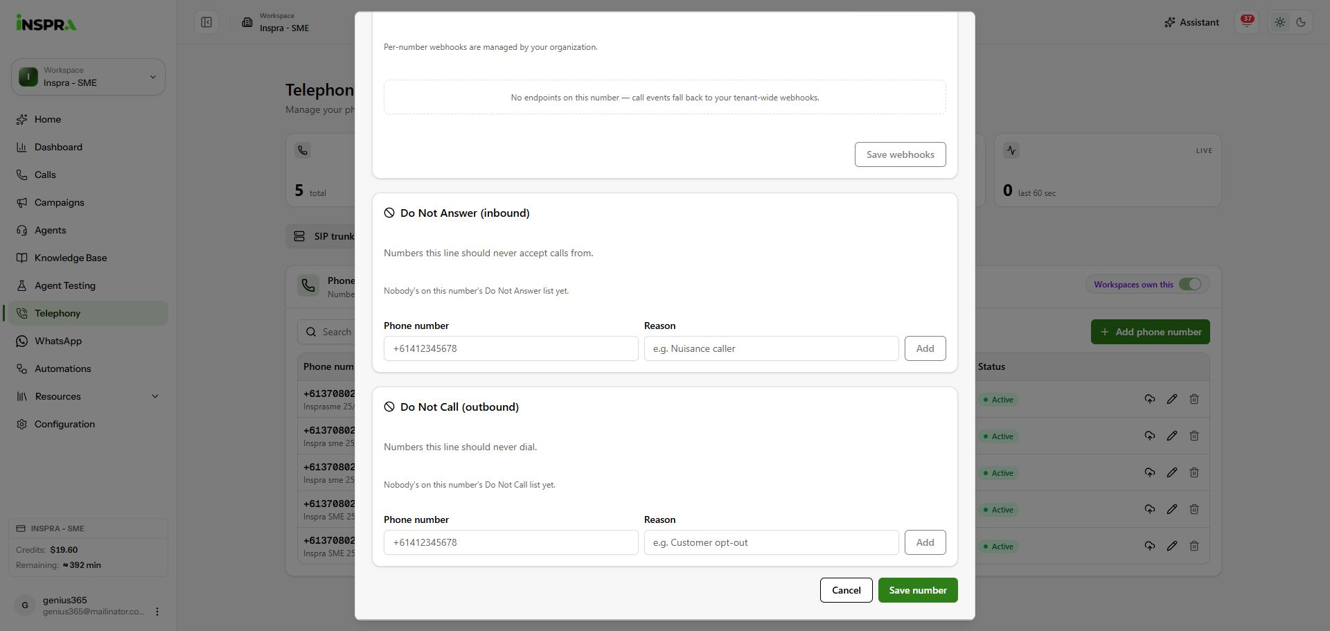 The empty per-number Do Not Answer and Do Not Call lists and their Add controls.