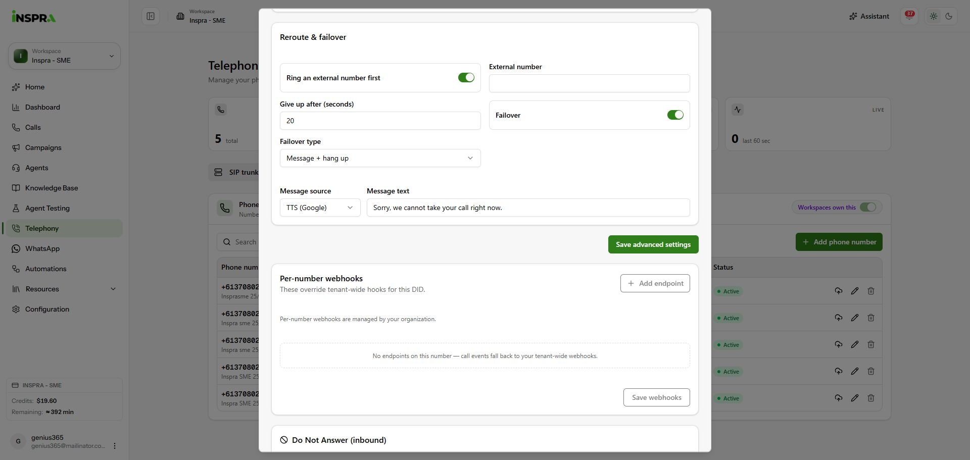 Unsaved reroute and failover form, with timeout, message text and Save advanced settings.