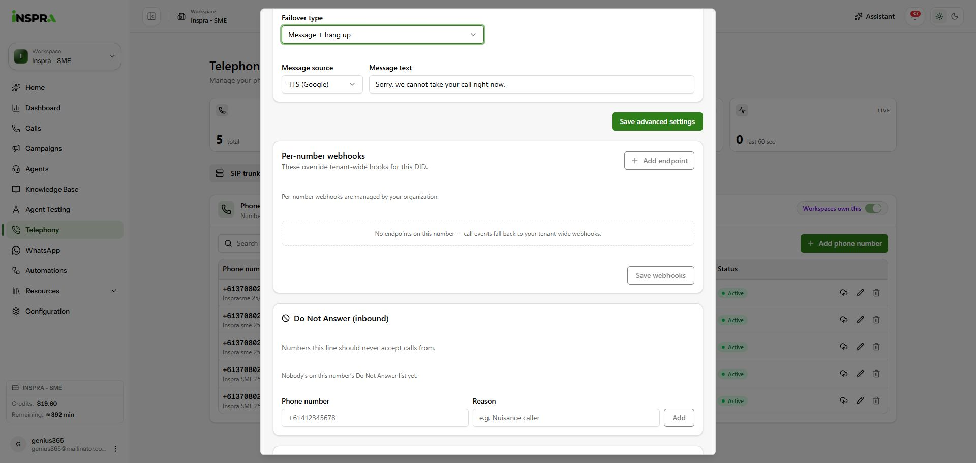 The organisation-managed webhook section with no per-number endpoints.