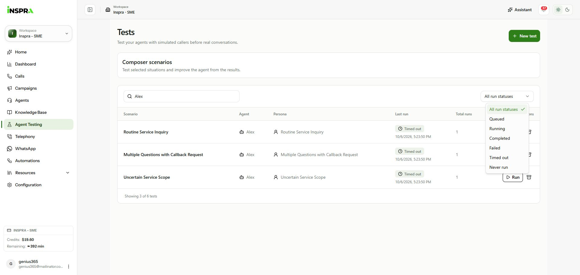Last-run status filter open above the Alex test table.
