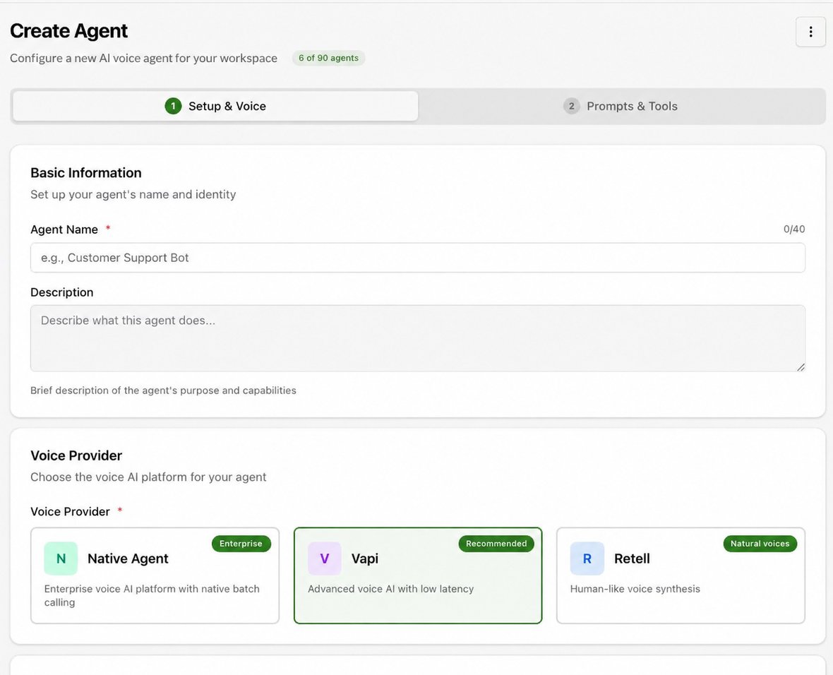Edited illustration of the Create Agent form with providers in the order Native Agent, Vapi, Retell