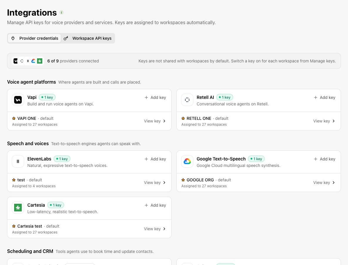 Provider credentials are grouped by service. Each connected provider shows its keys and workspace assignment count; secret key values are not displayed.