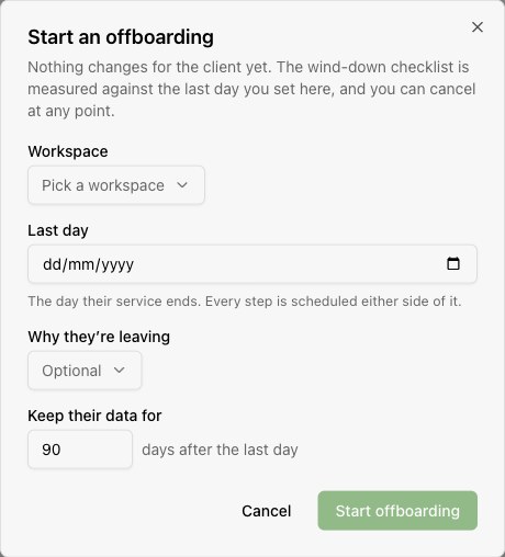 Start an offboarding records the workspace, last day, reason, and retention period before creating a wind-down checklist.