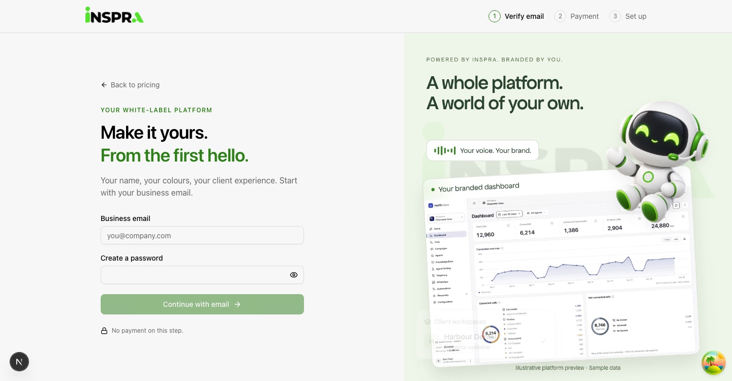 Signup starts with your business email. The progress bar shows the three stages: Verify email, Payment, and Set up.