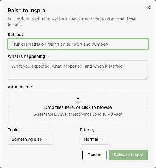 Raise to Inspra opens a private platform support request with subject, description, topic, priority, and attachments.