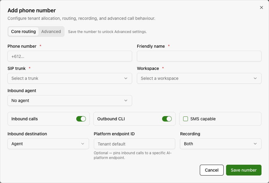 Core routing assigns the number to a trunk and workspace, then configures its inbound destination and calling options.