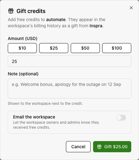The production Gift credits dialog includes the USD amount, optional client-visible note, and email switch. This control requires platform super admin access.