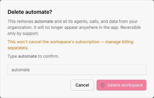 The production deletion dialog requires the workspace name and warns that subscription billing must be managed separately. No deletion was submitted for this screenshot.