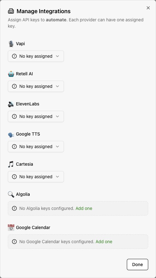 The production Manage Integrations dialog assigns provider connections to one workspace. No key assigned and Add one indicate missing assignments or missing organization connections.