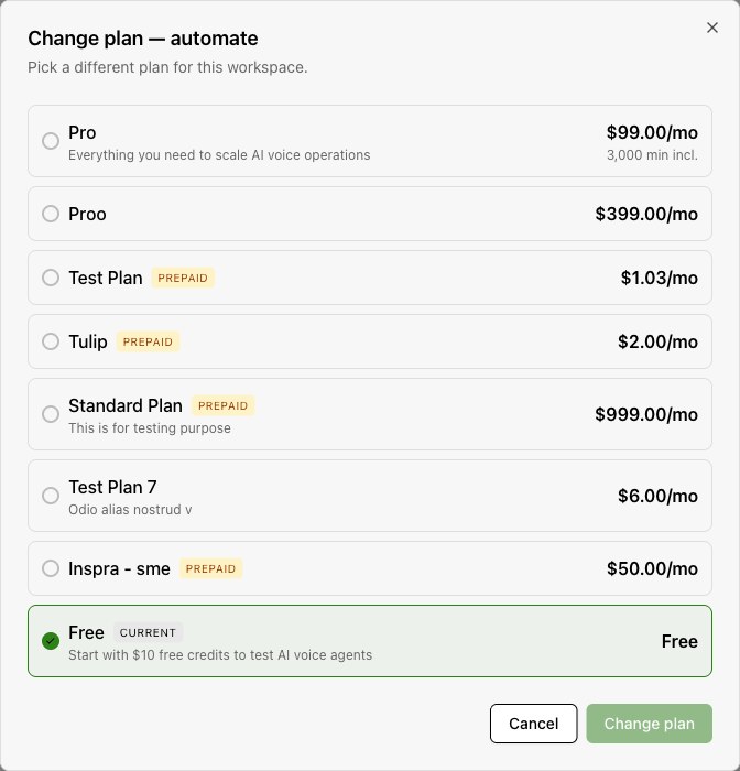 The production Change plan dialog lists this organization's configured plans and marks the current selection. These names and prices are account-specific, not default offers.