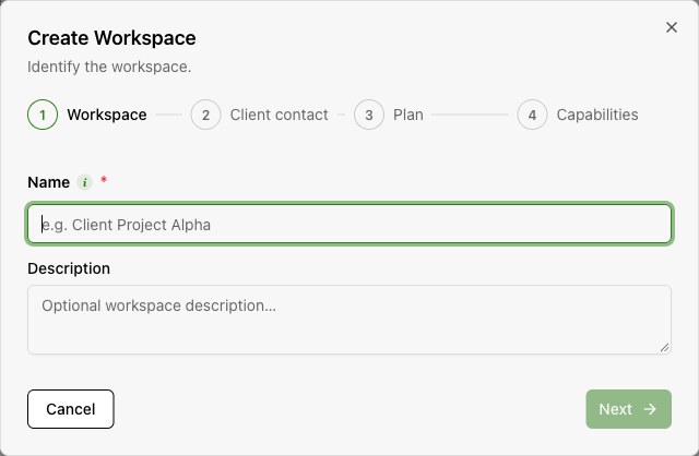 Create Workspace opens a four-step wizard. Begin with the workspace identity, then continue to billing contact, plan, and capabilities.
